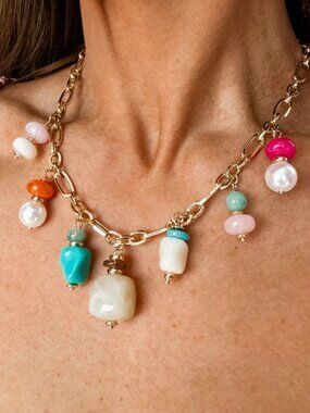 Trendy Colorful Abstract Marble Charm Boho Statement Necklace
